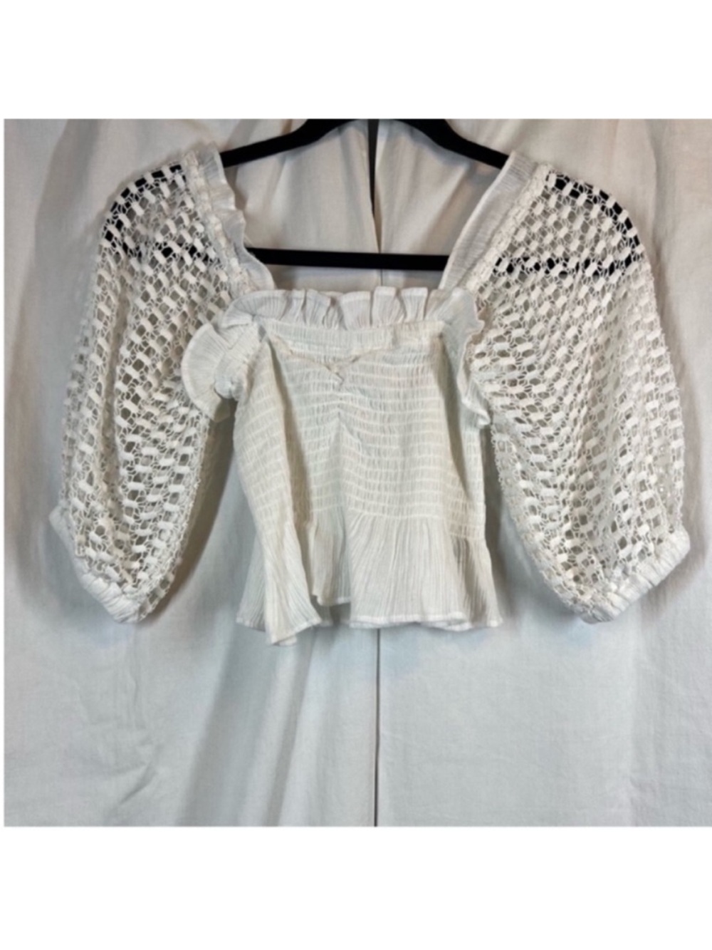 Surf Gypsy 100% cotton crochet sleeve smocked square neck cropped blouse